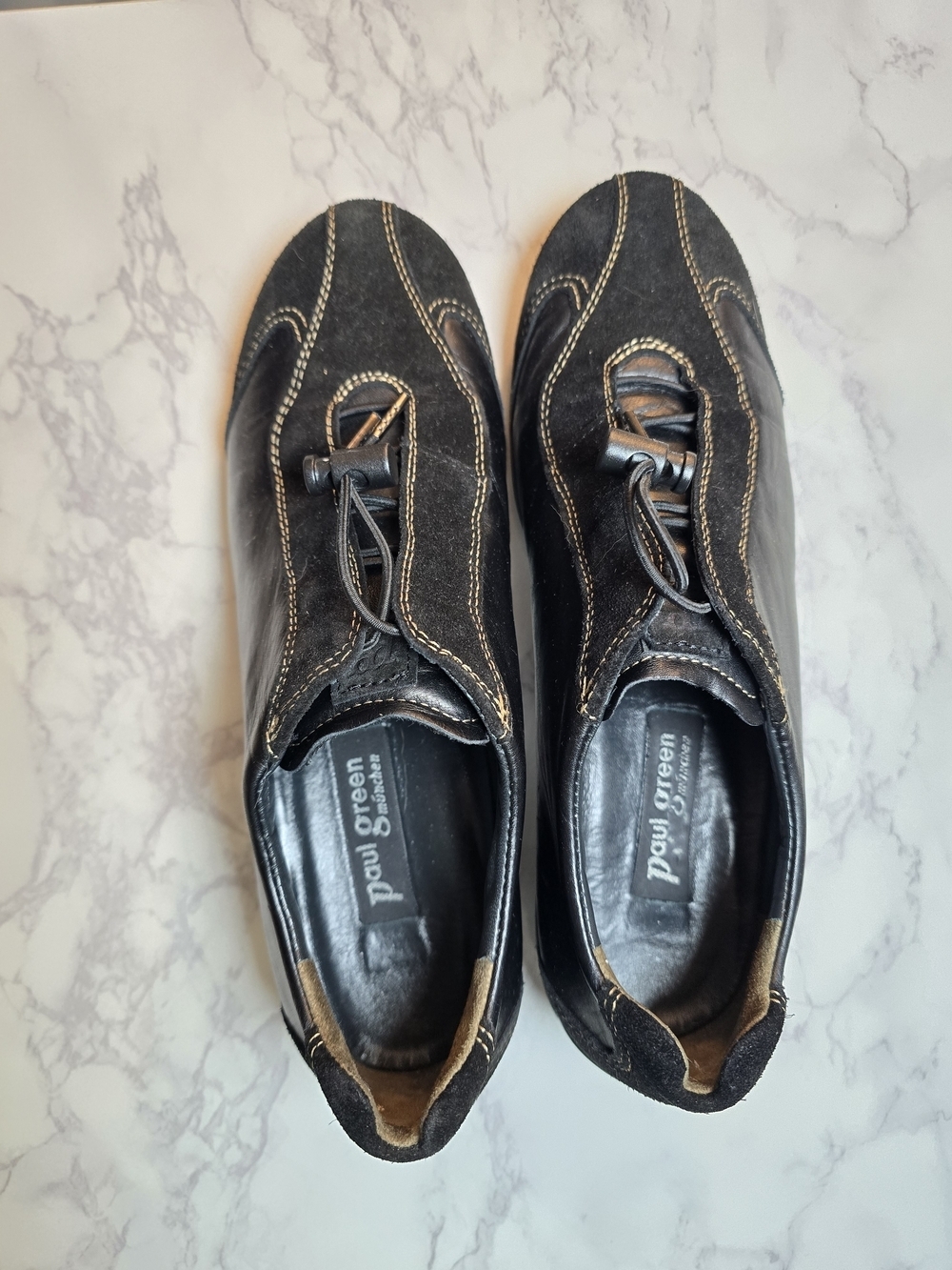 Paul Green Black Suede and Leather Slip-On Loafers with Brown Stitching
